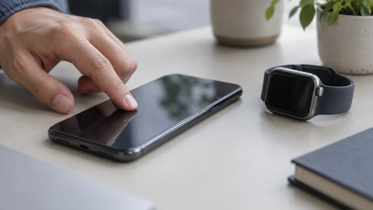 Una persona tocca lo schermo di uno smartphone accanto a uno smartwatch, immagine illustrativa del feedback tattile