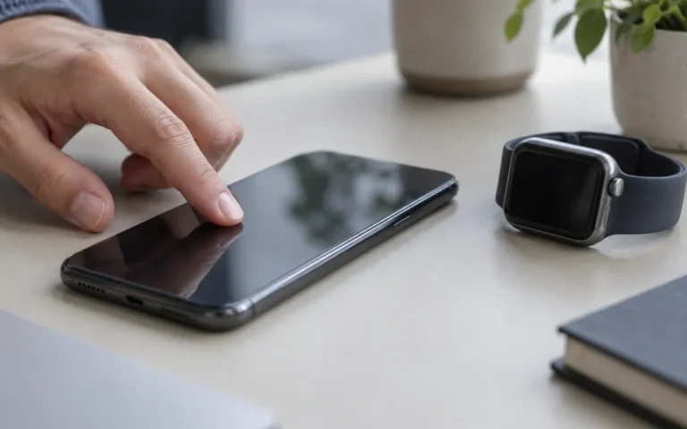 Una persona tocca lo schermo di uno smartphone accanto a uno smartwatch, immagine illustrativa del feedback tattile