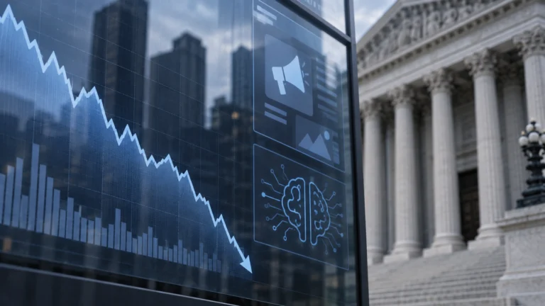 Illustrazione di un tribunale e di un grafico finanziario in calo con elementi astratti di tecnologia pubblicitaria