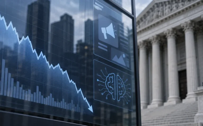 Illustrazione di un tribunale e di un grafico finanziario in calo con elementi astratti di tecnologia pubblicitaria