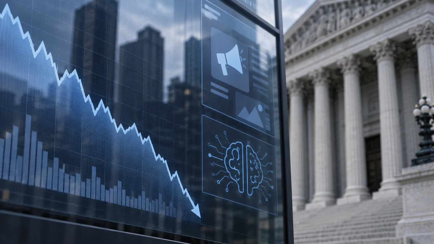 Illustrazione di un tribunale e di un grafico finanziario in calo con elementi astratti di tecnologia pubblicitaria