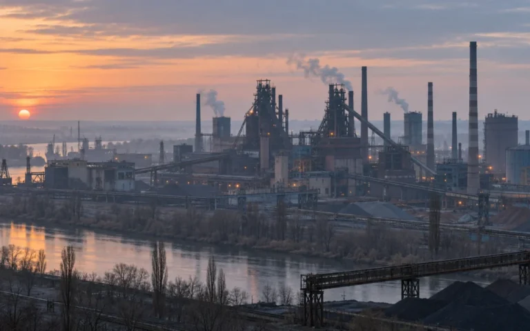 Illustrazione non documentale di un complesso siderurgico al crepuscolo, vista panoramica con altiforni e strutture industriali.