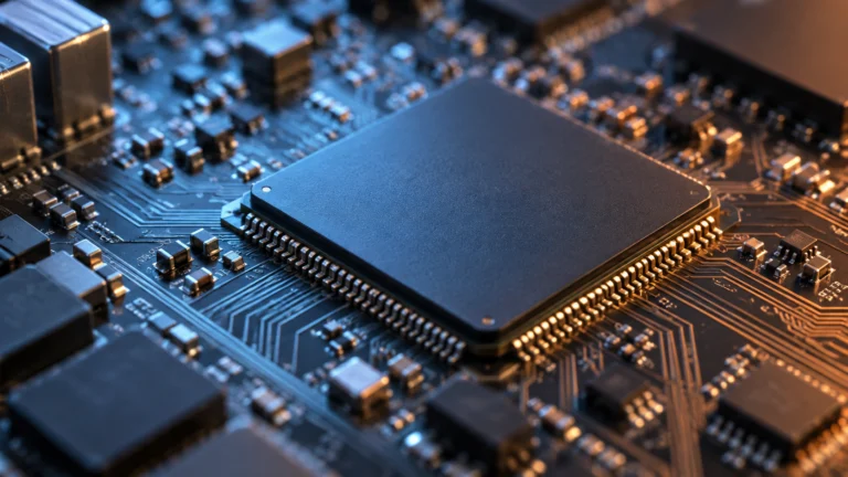 Microchip su una scheda elettronica, immagine illustrativa del settore dei semiconduttori