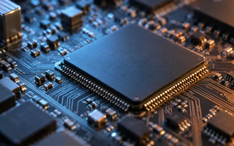 Microchip su una scheda elettronica, immagine illustrativa del settore dei semiconduttori