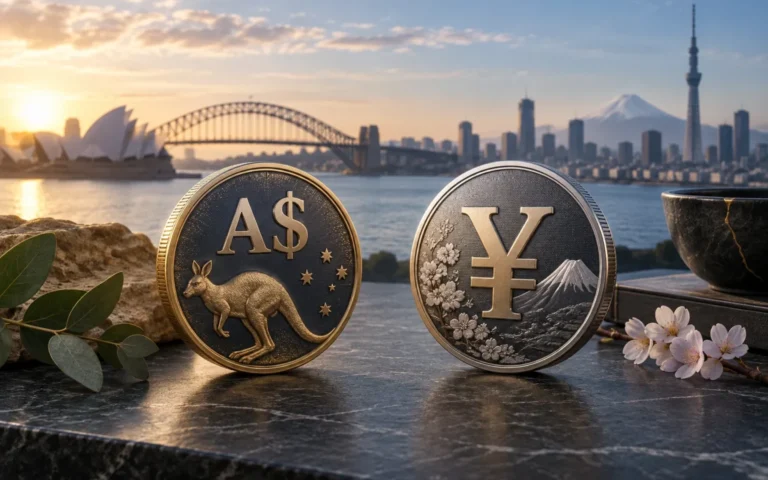 Illustrazione di due medaglioni con i simboli del dollaro australiano e dello yen, con Sydney e Tokyo sullo sfondo