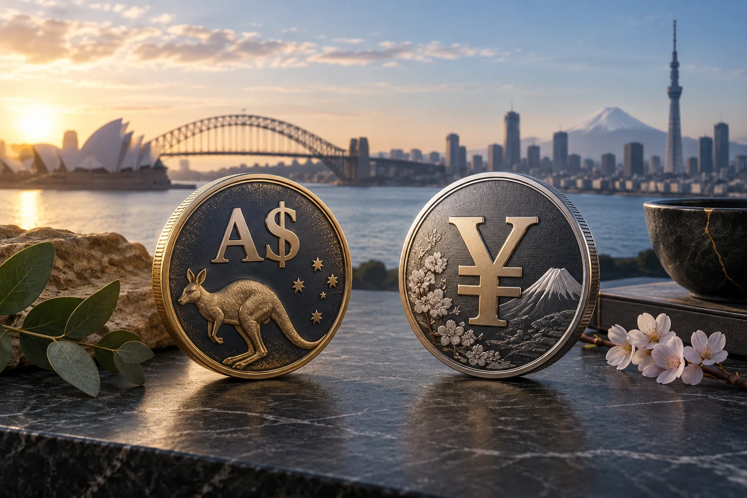 Illustrazione di due medaglioni con i simboli del dollaro australiano e dello yen, con Sydney e Tokyo sullo sfondo