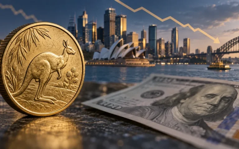 Illustrazione di una moneta australiana e di una banconota in dollari USA davanti a Sydney, con una linea discendente simbolica