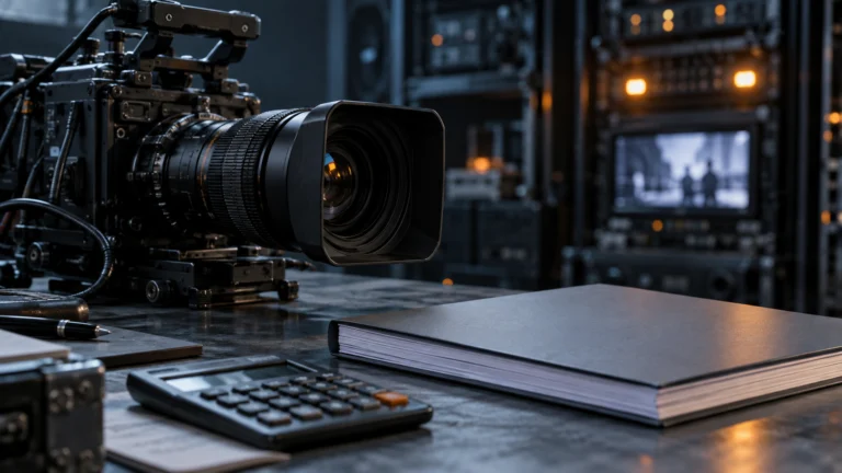 Illustrazione generata con IA di una videocamera professionale accanto a un rapporto finanziario e una calcolatrice; non raffigura sedi reali di Avemio.
