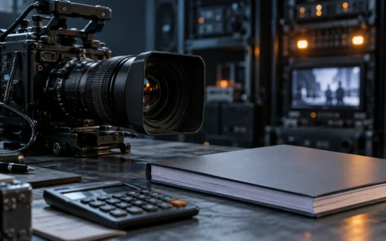 Illustrazione generata con IA di una videocamera professionale accanto a un rapporto finanziario e una calcolatrice; non raffigura sedi reali di Avemio.
