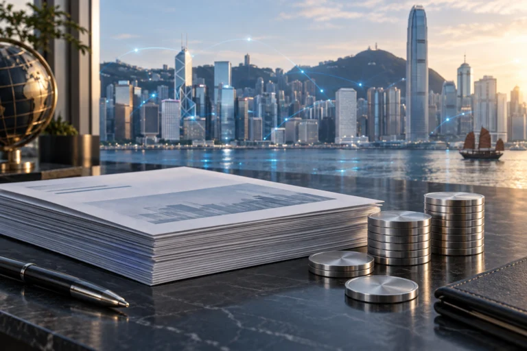 Illustrazione di documenti finanziari e gettoni metallici con lo skyline di Hong Kong sullo sfondo