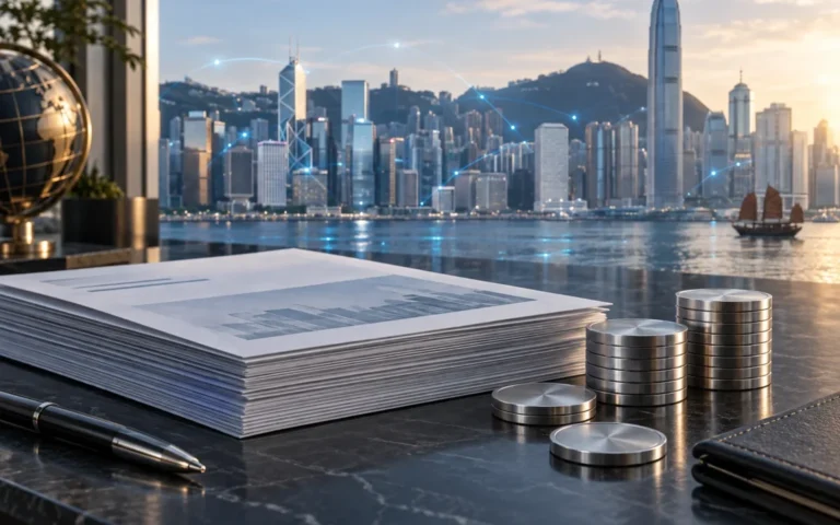 Illustrazione di documenti finanziari e gettoni metallici con lo skyline di Hong Kong sullo sfondo