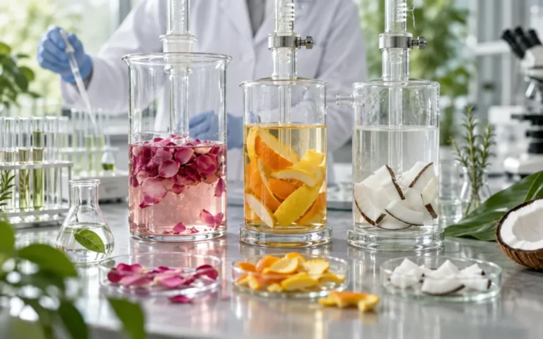 Laboratorio cosmetico illustrativo con estratti di rosa, agrumi e cocco in contenitori di vetro