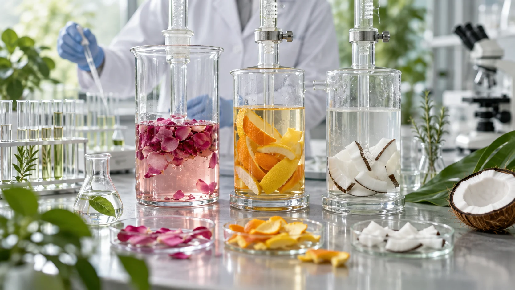Laboratorio cosmetico illustrativo con estratti di rosa, agrumi e cocco in contenitori di vetro