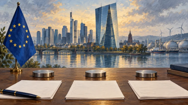 Illustrazione della politica monetaria europea con skyline di Francoforte e infrastrutture energetiche simboliche
