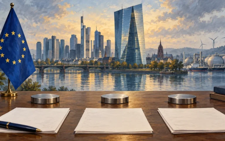 Illustrazione della politica monetaria europea con skyline di Francoforte e infrastrutture energetiche simboliche