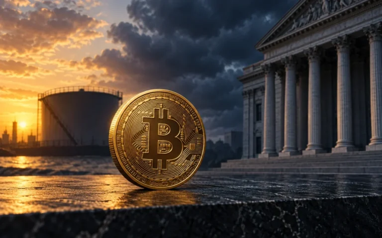 Illustrazione di una moneta Bitcoin con infrastrutture petrolifere e colonne di una banca centrale sullo sfondo