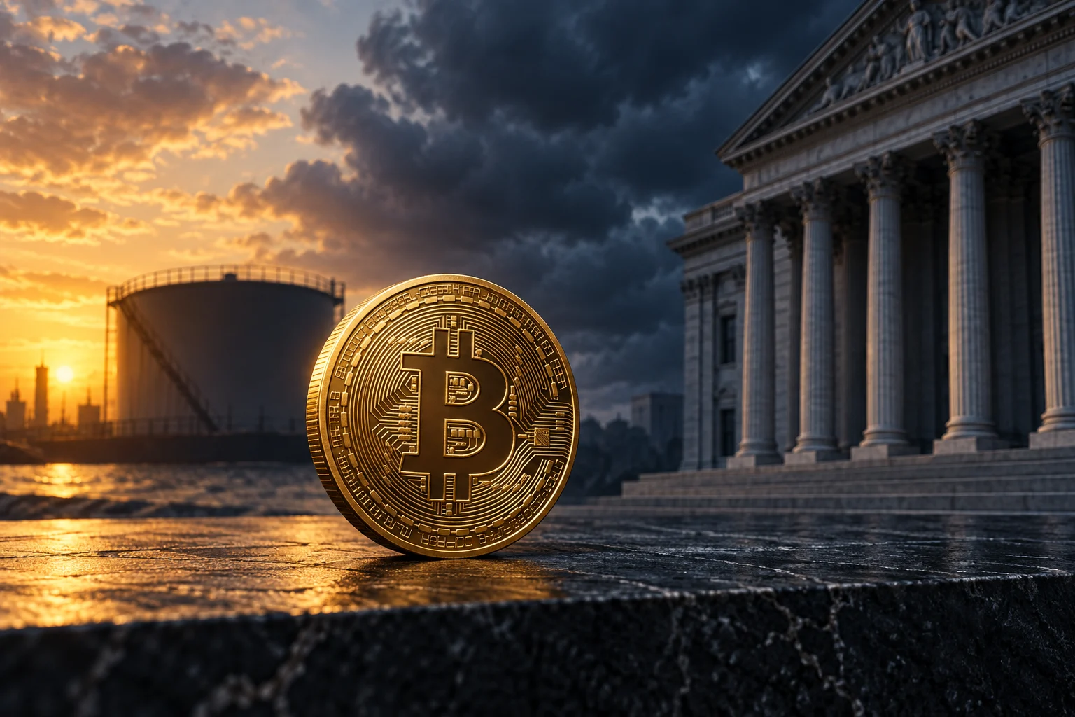 Illustrazione di una moneta Bitcoin con infrastrutture petrolifere e colonne di una banca centrale sullo sfondo