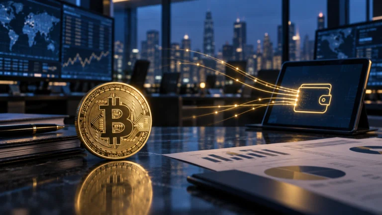 Bitcoin e documenti finanziari che rappresentano gli afflussi negli ETF spot statunitensi