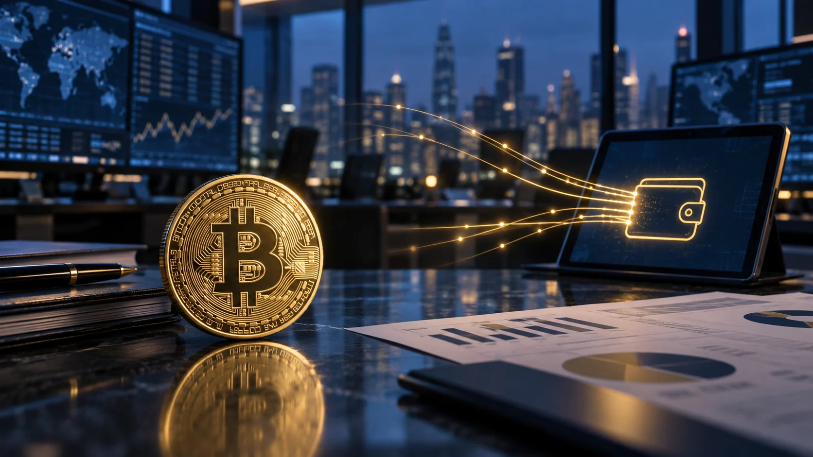 Bitcoin e documenti finanziari che rappresentano gli afflussi negli ETF spot statunitensi