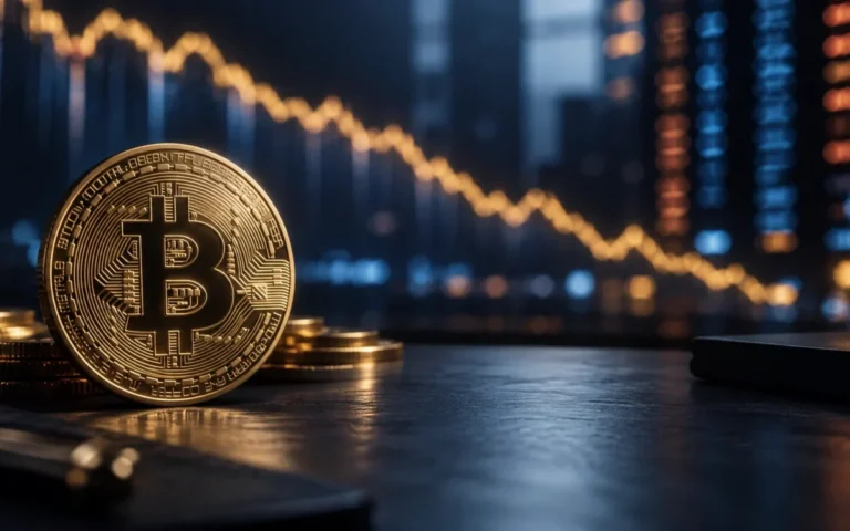 Illustrazione editoriale di una moneta Bitcoin davanti a una linea di mercato discendente simbolica