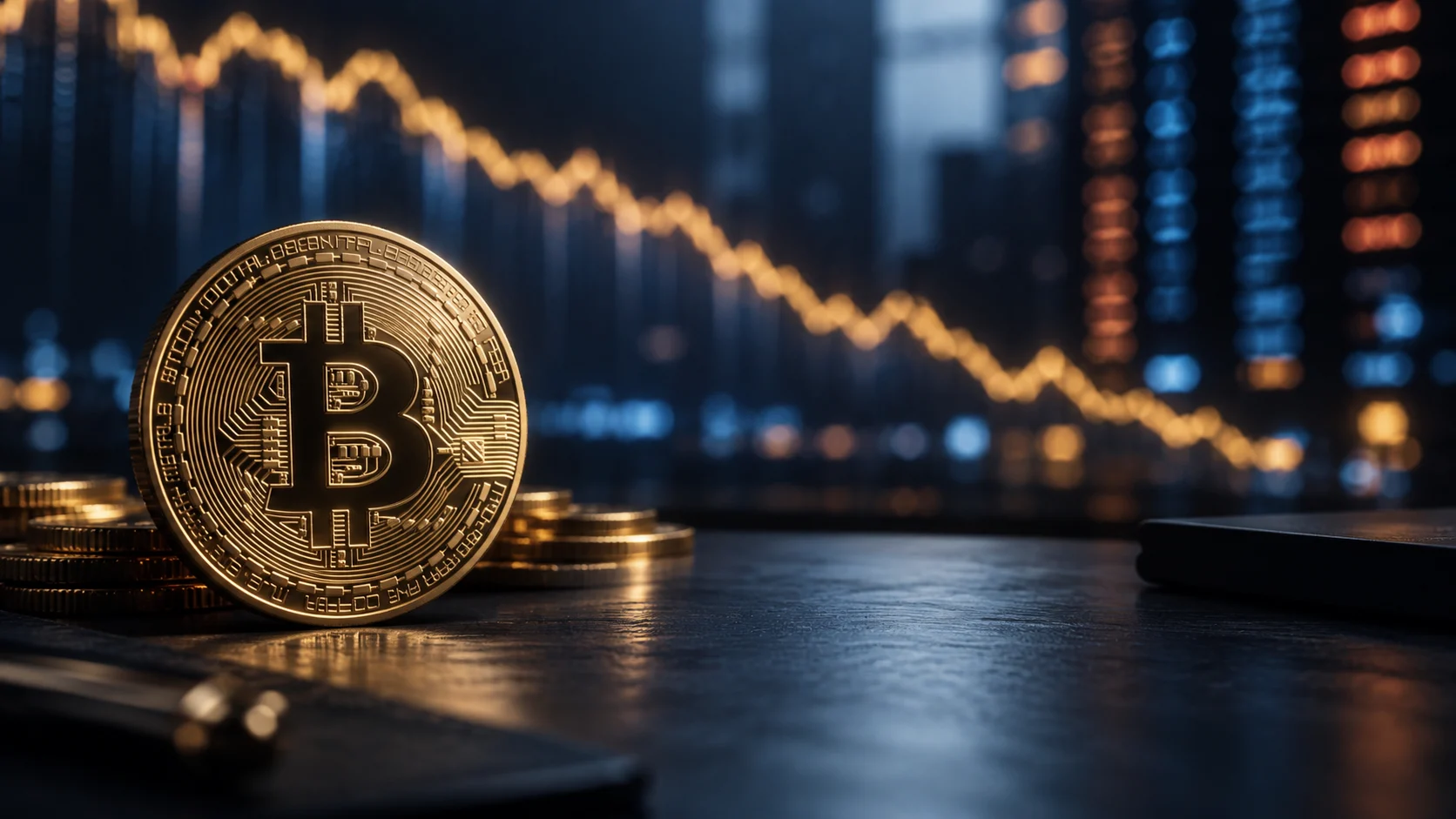 Illustrazione editoriale di una moneta Bitcoin davanti a una linea di mercato discendente simbolica