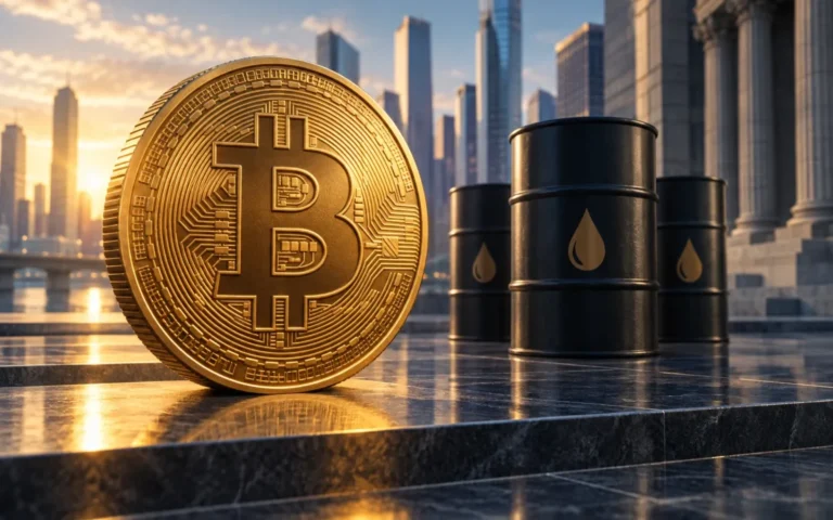 Illustrazione di una moneta Bitcoin dorata accanto a barili di petrolio con edifici finanziari sullo sfondo