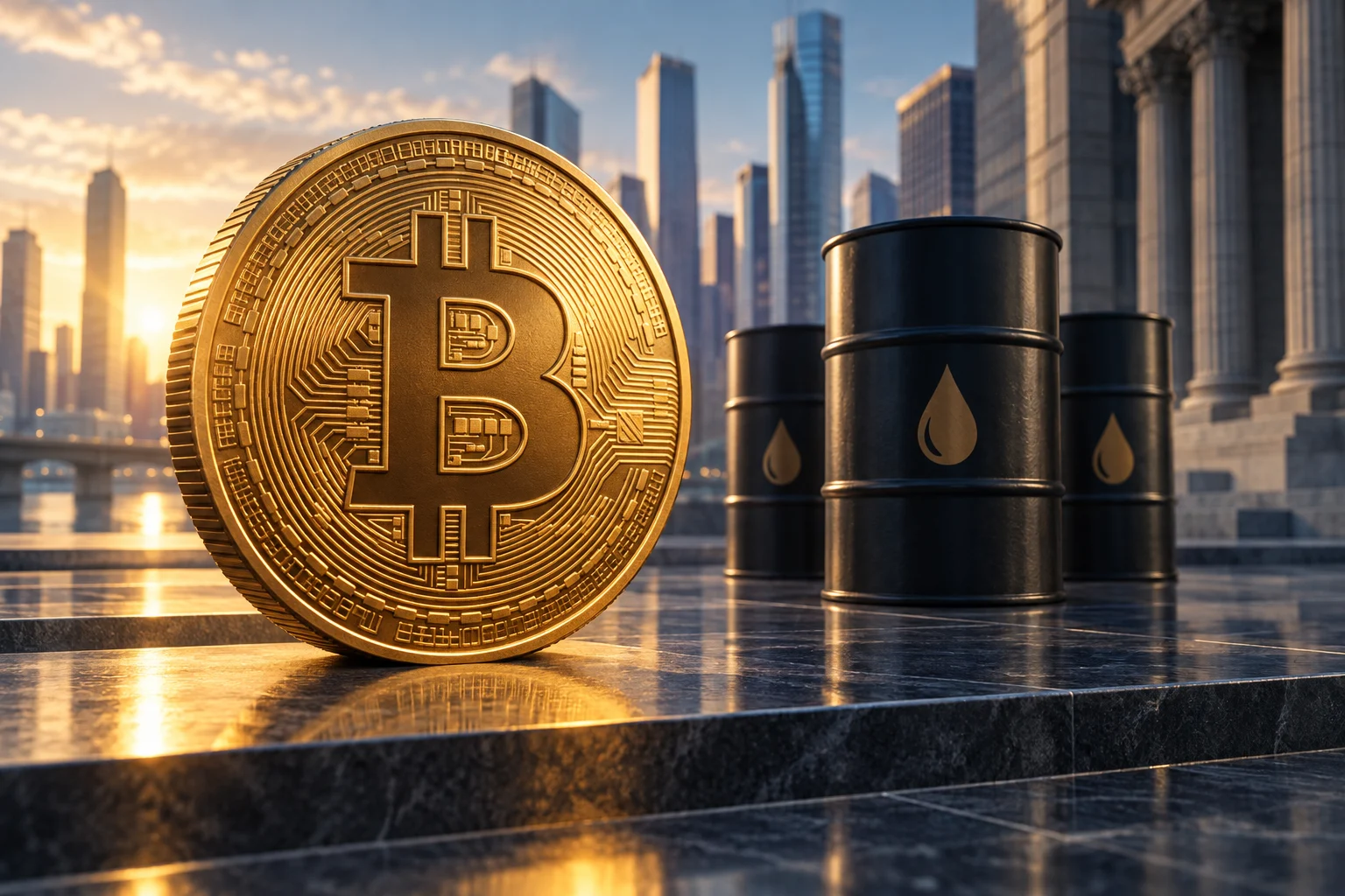 Illustrazione di una moneta Bitcoin dorata accanto a barili di petrolio con edifici finanziari sullo sfondo
