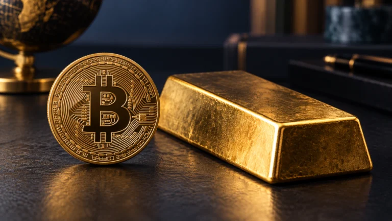 Illustrazione generata con IA di una moneta simbolica Bitcoin accanto a un lingotto d’oro generico; non rappresenta quotazioni o una scena reale di mercato.