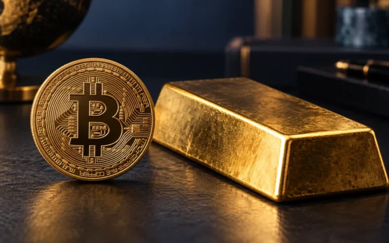Illustrazione generata con IA di una moneta simbolica Bitcoin accanto a un lingotto d’oro generico; non rappresenta quotazioni o una scena reale di mercato.