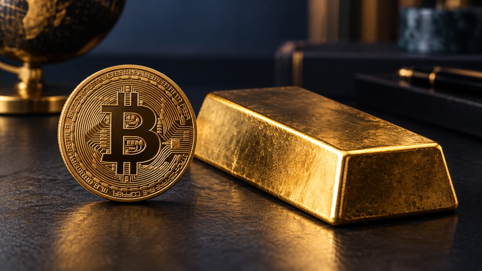Illustrazione generata con IA di una moneta simbolica Bitcoin accanto a un lingotto d’oro generico; non rappresenta quotazioni o una scena reale di mercato.