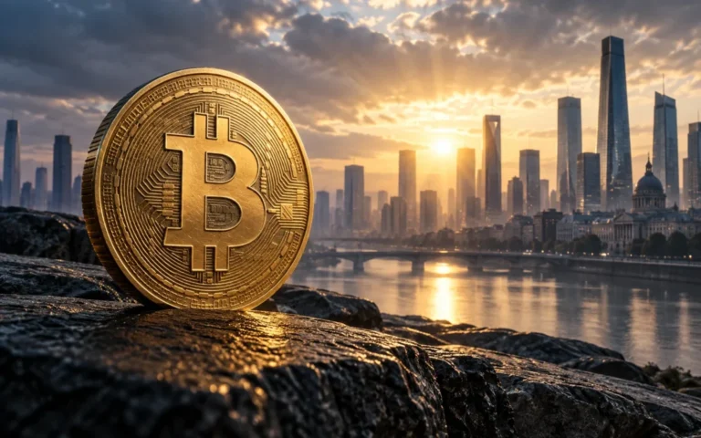 Illustrazione di un medaglione Bitcoin dorato davanti a uno skyline finanziario illuminato dalla luce del mattino