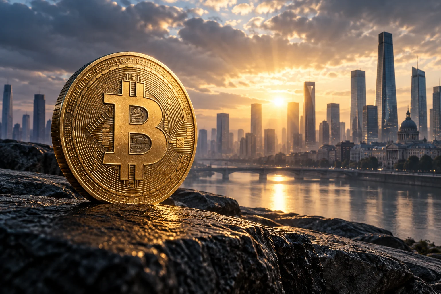 Illustrazione di un medaglione Bitcoin dorato davanti a uno skyline finanziario illuminato dalla luce del mattino