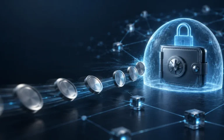 Illustrazione di un wallet digitale protetto da una barriera luminosa che ferma alcuni token generici.