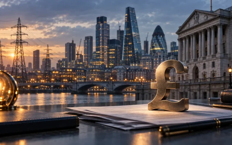 Illustrazione di Londra con reti elettriche, documenti finanziari e simbolo della sterlina.