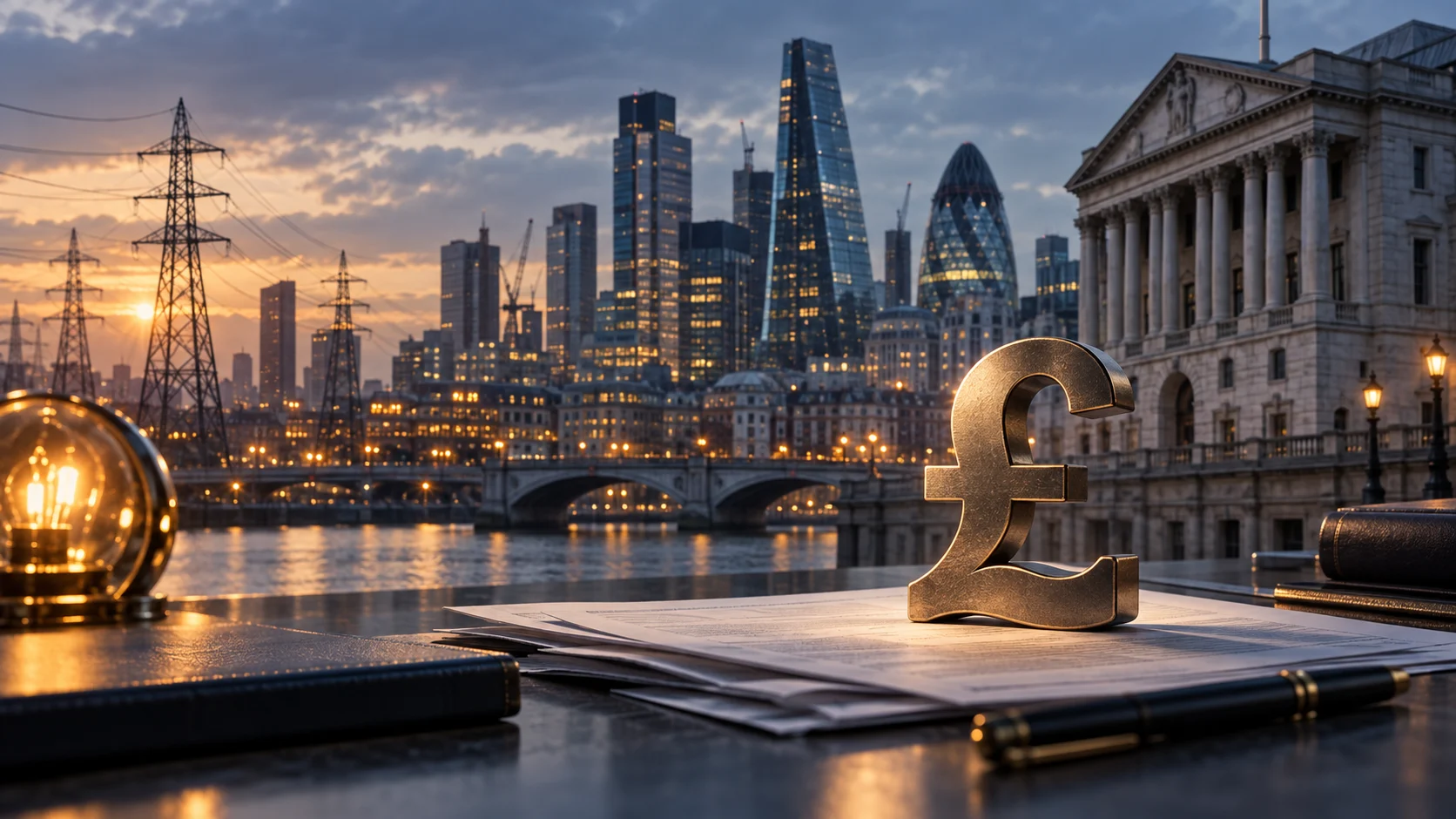 Illustrazione di Londra con reti elettriche, documenti finanziari e simbolo della sterlina.
