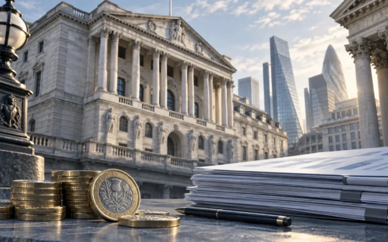 Illustrazione dei mercati dei capitali britannici con monete in sterline, documenti finanziari e architettura della City di Londra.