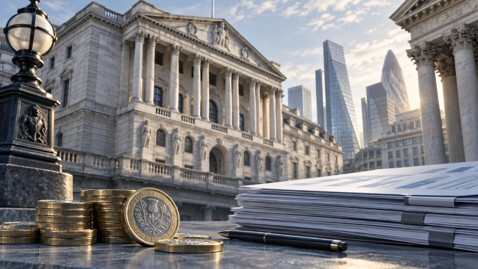 Illustrazione dei mercati dei capitali britannici con monete in sterline, documenti finanziari e architettura della City di Londra.