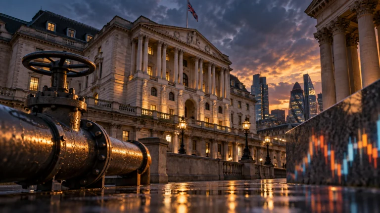 Illustrazione di un edificio istituzionale londinese con elementi del mercato energetico, per la politica monetaria della Bank of England