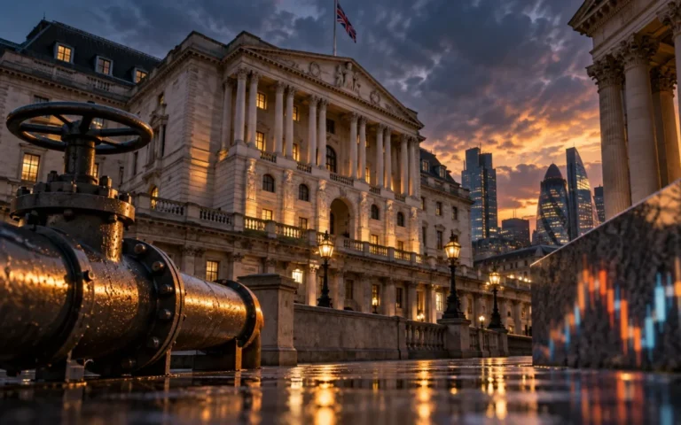 Illustrazione di un edificio istituzionale londinese con elementi del mercato energetico, per la politica monetaria della Bank of England