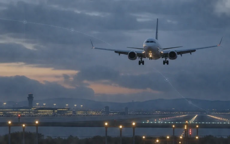 Illustrazione editoriale di un aereo di linea in avvicinamento a una pista al tramonto, con una traccia di navigazione astratta.