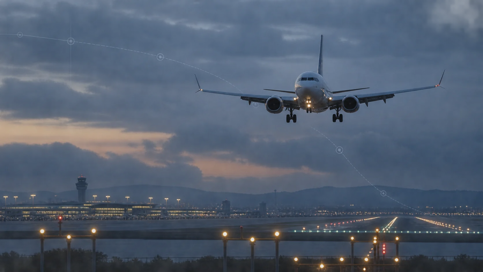 Illustrazione editoriale di un aereo di linea in avvicinamento a una pista al tramonto, con una traccia di navigazione astratta.