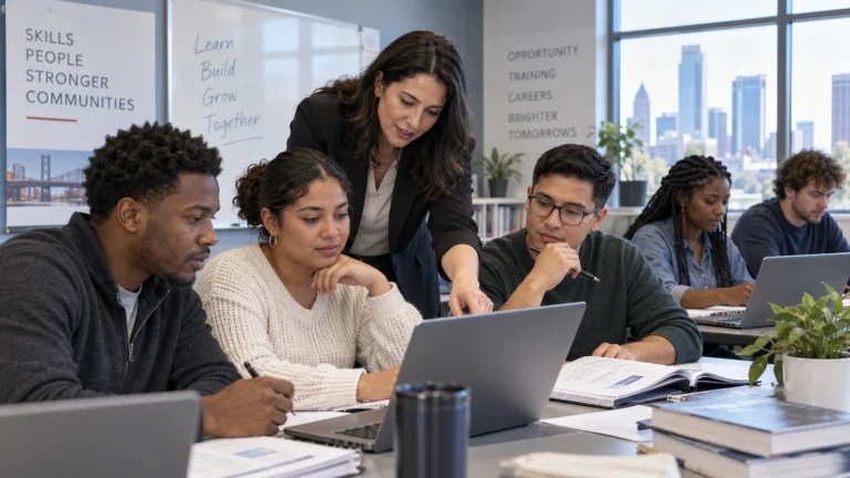 Illustrazione di adulti in un laboratorio di formazione professionale davanti a computer portatili