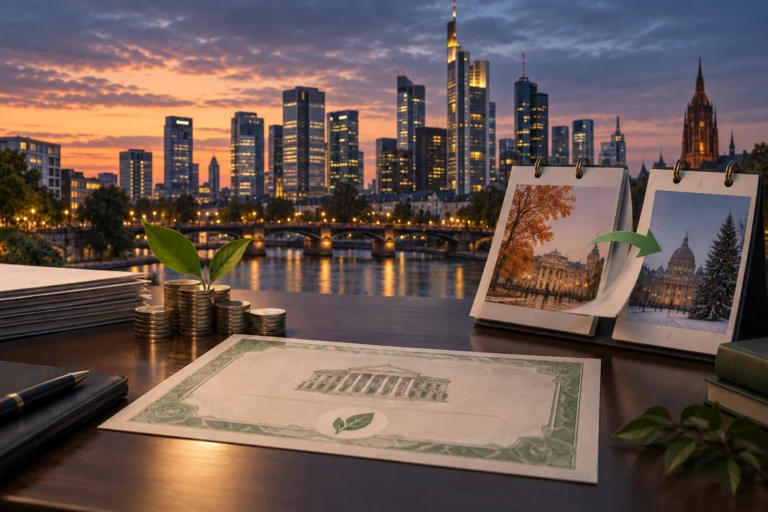 Illustrazione di un’obbligazione verde con calendario e skyline finanziario di Francoforte