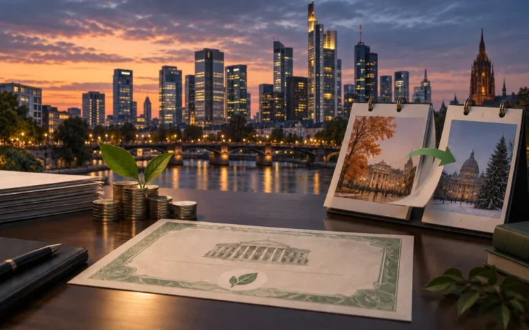 Illustrazione di un’obbligazione verde con calendario e skyline finanziario di Francoforte