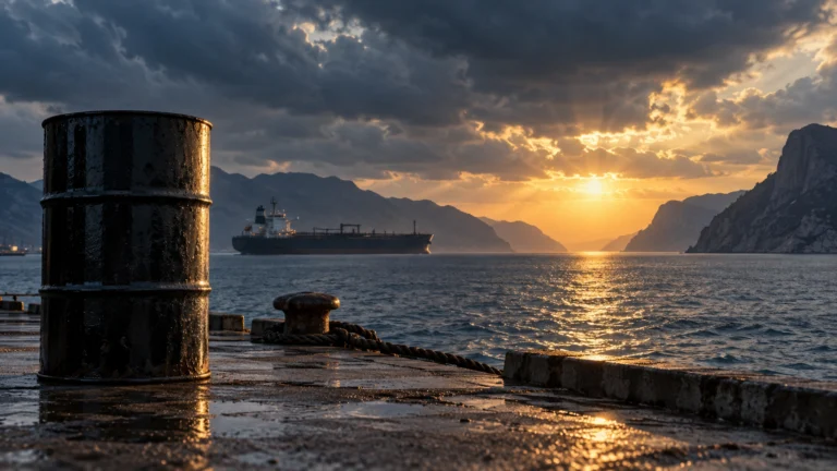 Illustrazione di un barile di petrolio su un molo e di una petroliera all’orizzonte sotto un cielo nuvoloso.