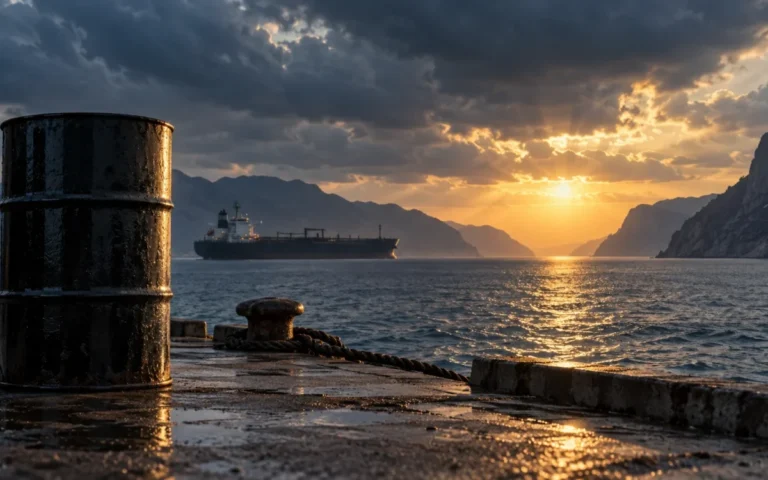 Illustrazione di un barile di petrolio su un molo e di una petroliera all’orizzonte sotto un cielo nuvoloso.