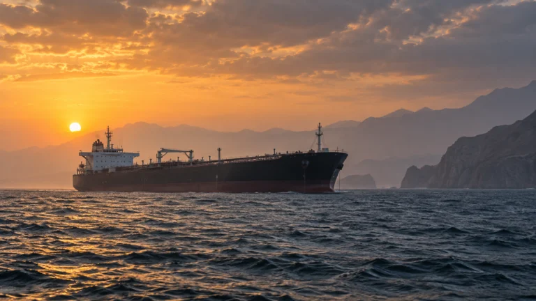 Illustrazione editoriale di una petroliera in mare al tramonto, senza raffigurare un evento specifico