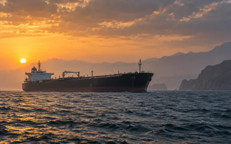 Illustrazione editoriale di una petroliera in mare al tramonto, senza raffigurare un evento specifico