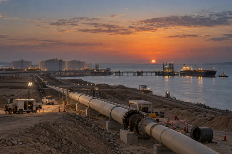 Terminal petrolifero con pipeline, serbatoi e petroliera al tramonto