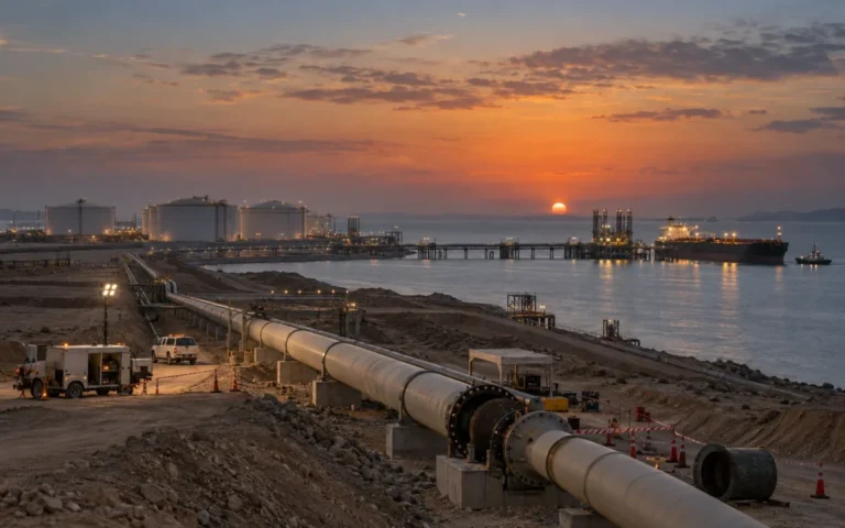 Terminal petrolifero con pipeline, serbatoi e petroliera al tramonto